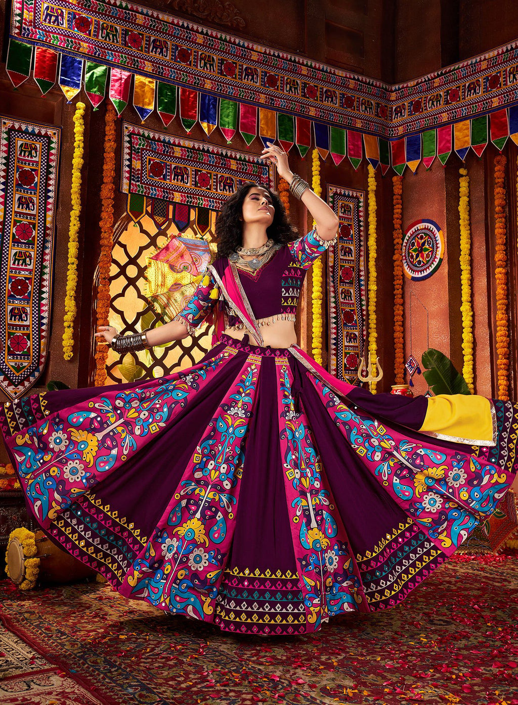 Purple Viscose Cotton Digital Print Navratri Lehenga with Mirror