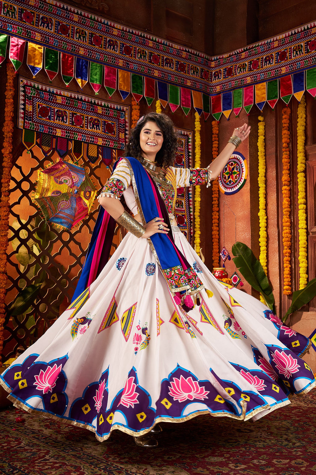 White Gajji silk Navratri Chaniya Choli with multi-thread and mirror handwork