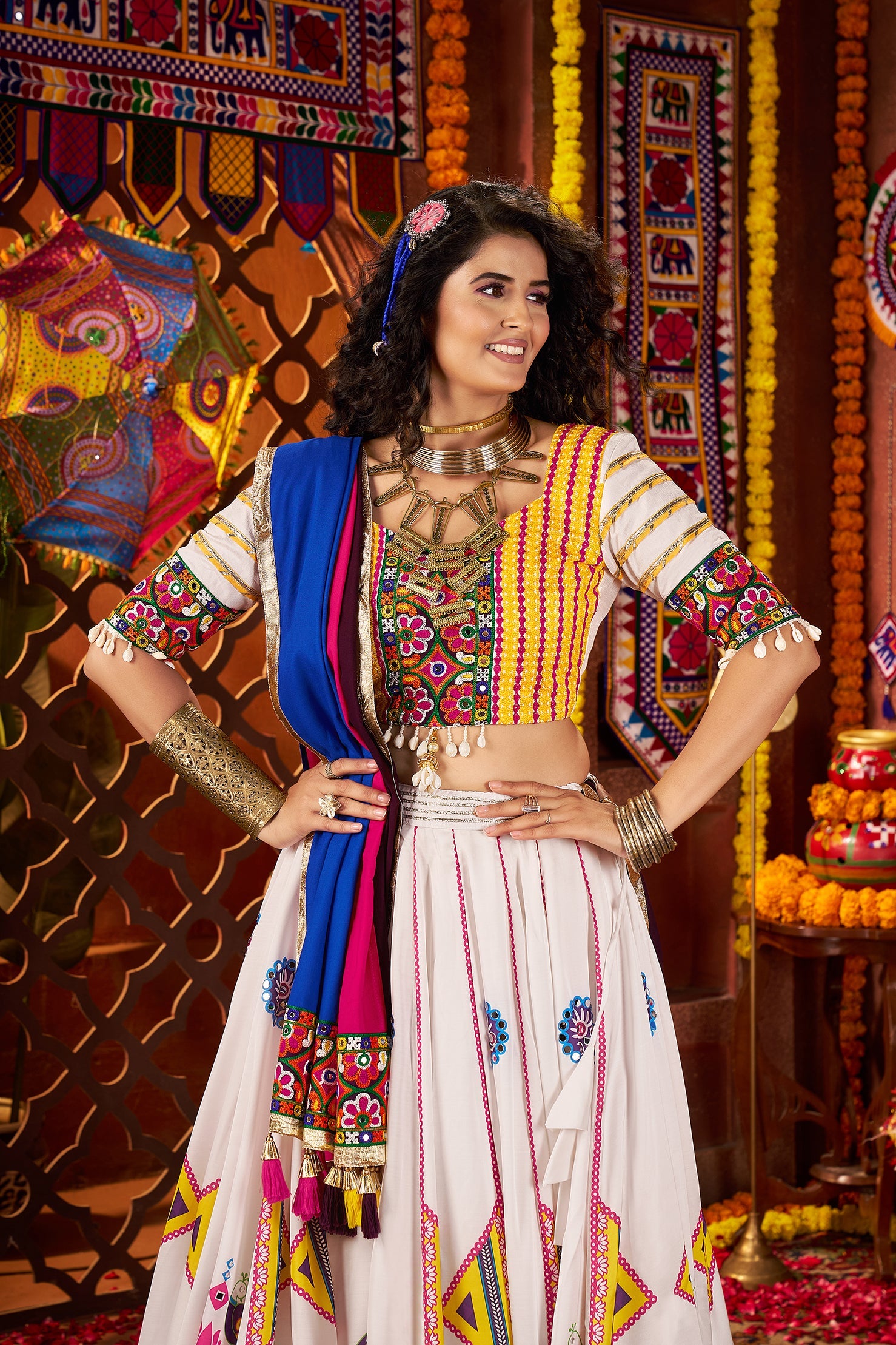 White Navratri Chaniya Choli with Mirror Work