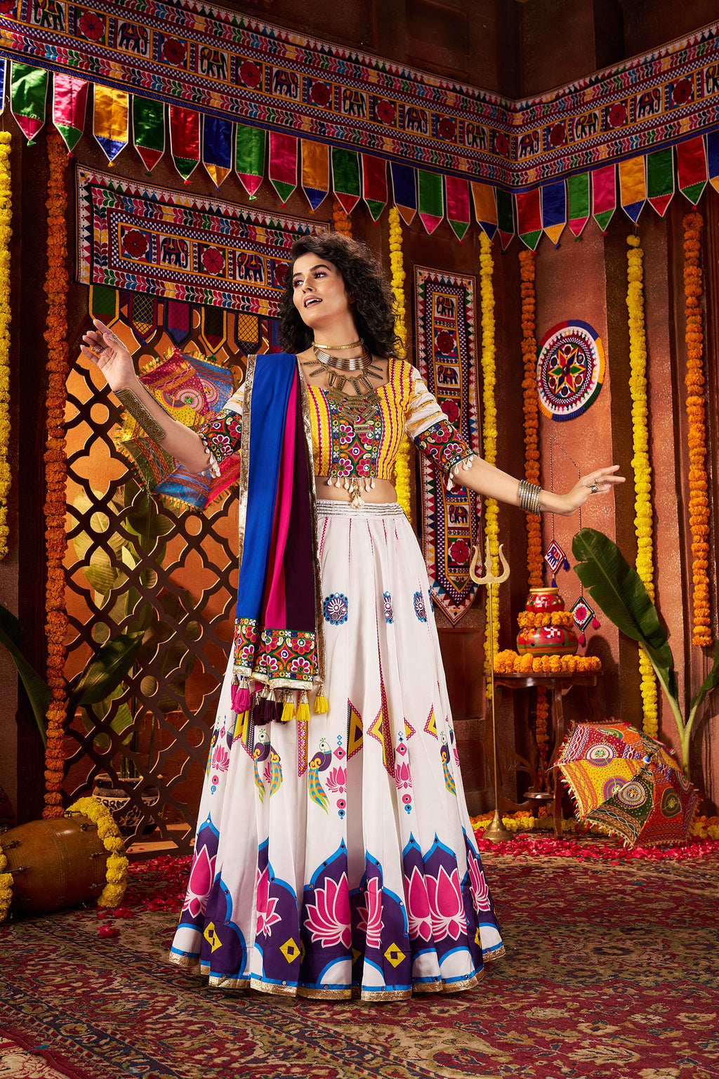 White Navratri Chaniya Choli with Mirror Work