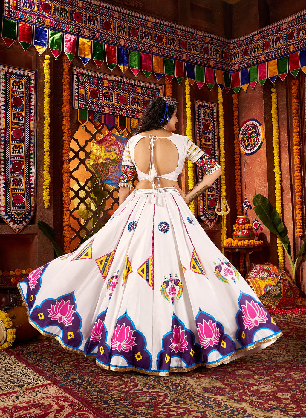 White Navratri Chaniya Choli with Mirror Work