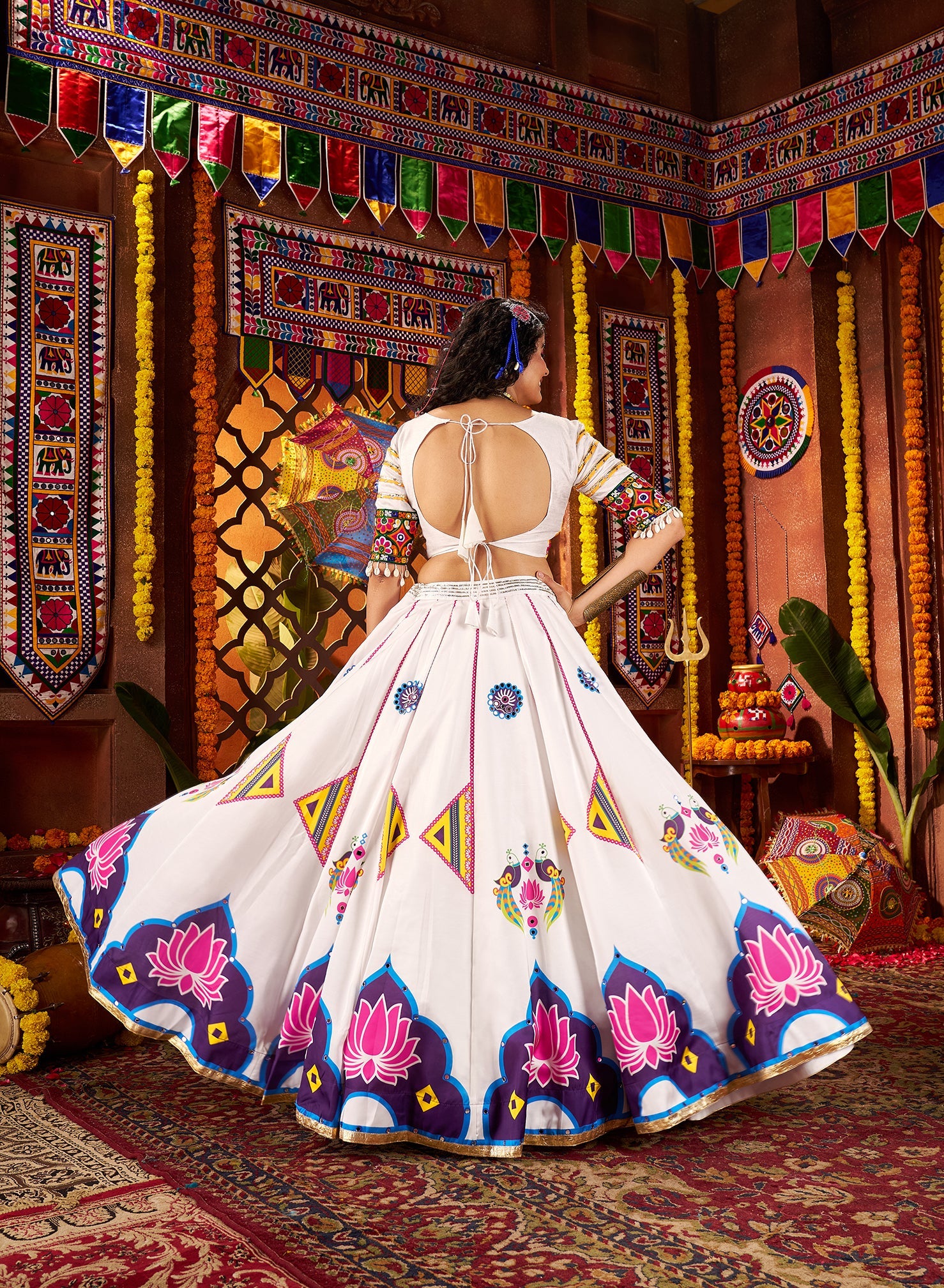 White Navratri Chaniya Choli with Mirror Work