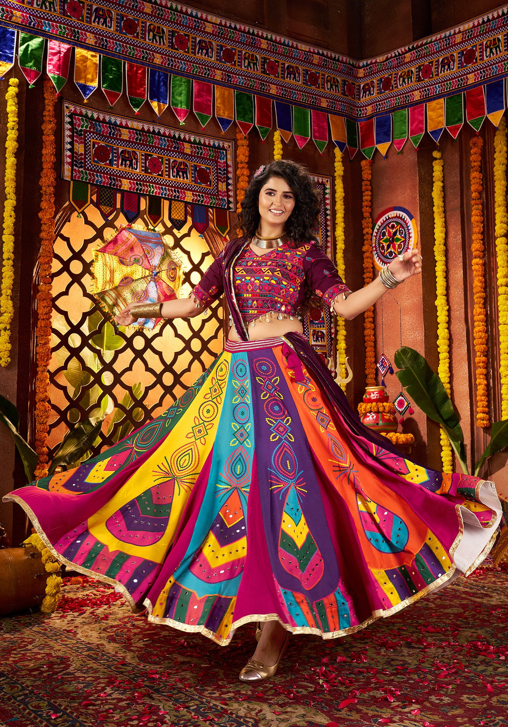 Monjolika Fashion Colorful Gajji Silk Navratri Lehenga Choli With Mirror Work