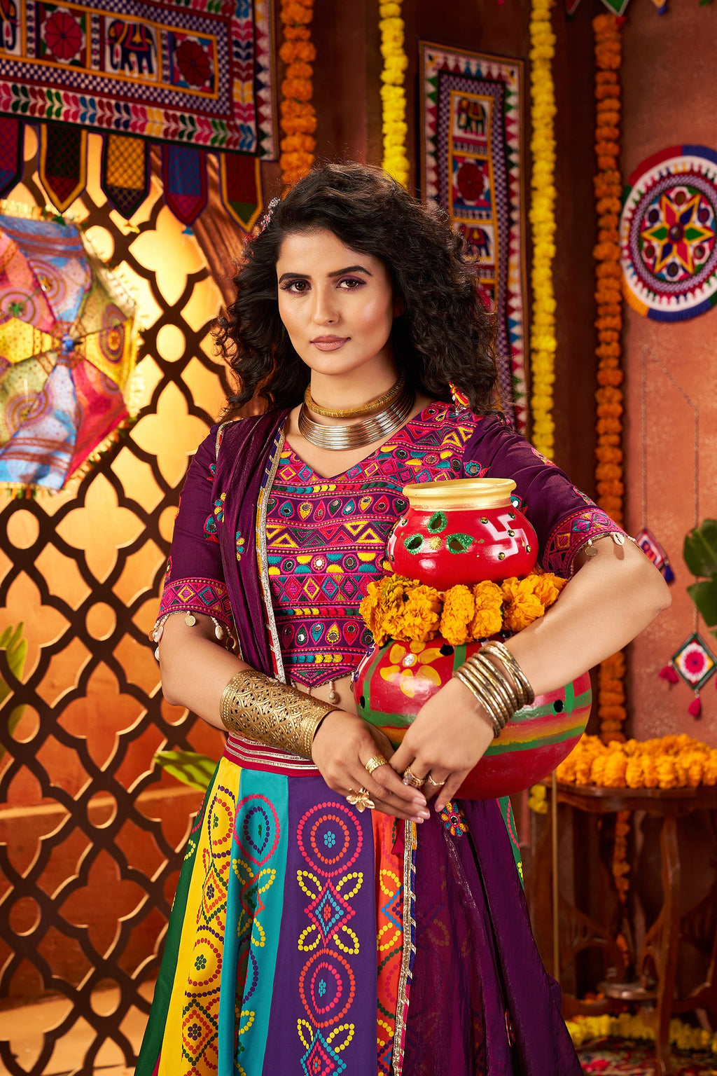 Monjolika Fashion Colorful Gajji Silk Navratri Lehenga Choli With Mirror Work