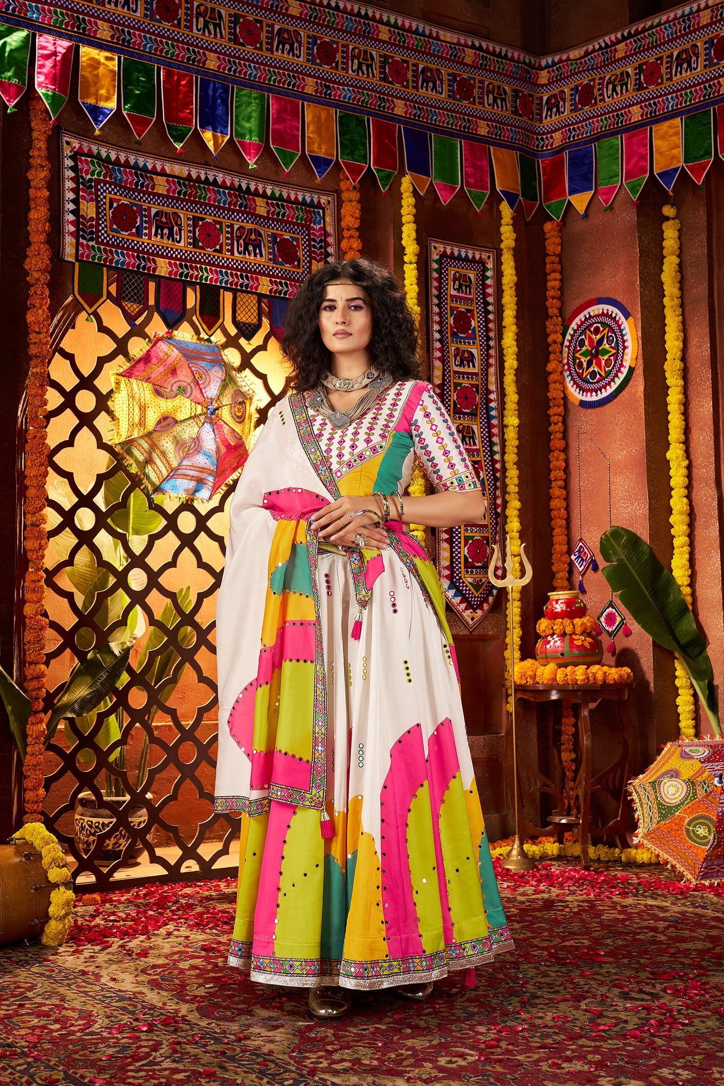 Monjolika Fashion White Gajji Silk Navratri Lehenga Choli With Digital Print & Mirror Work