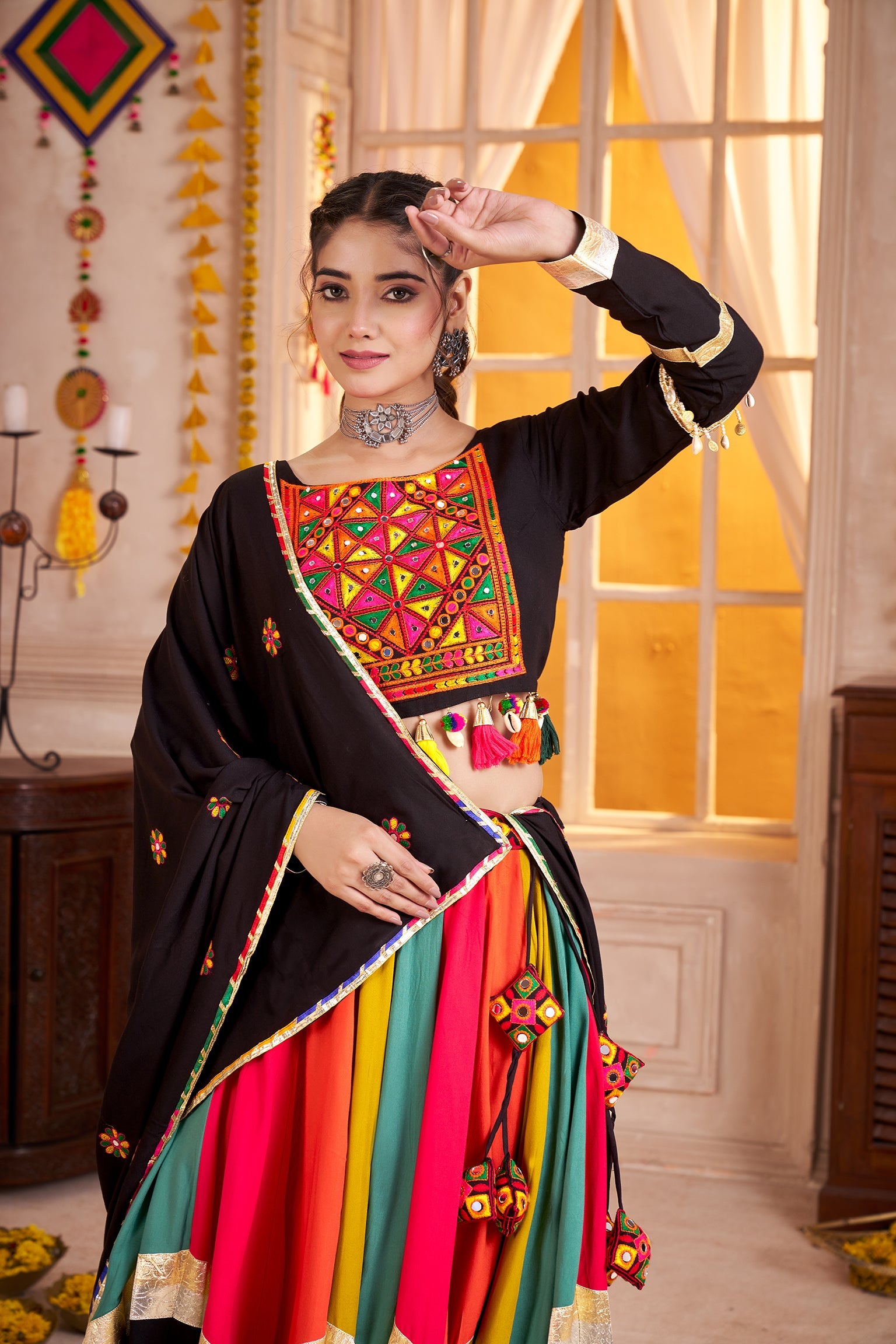Black Viscose Cotton Lehenga Choli Set with Mirror & Thread Work