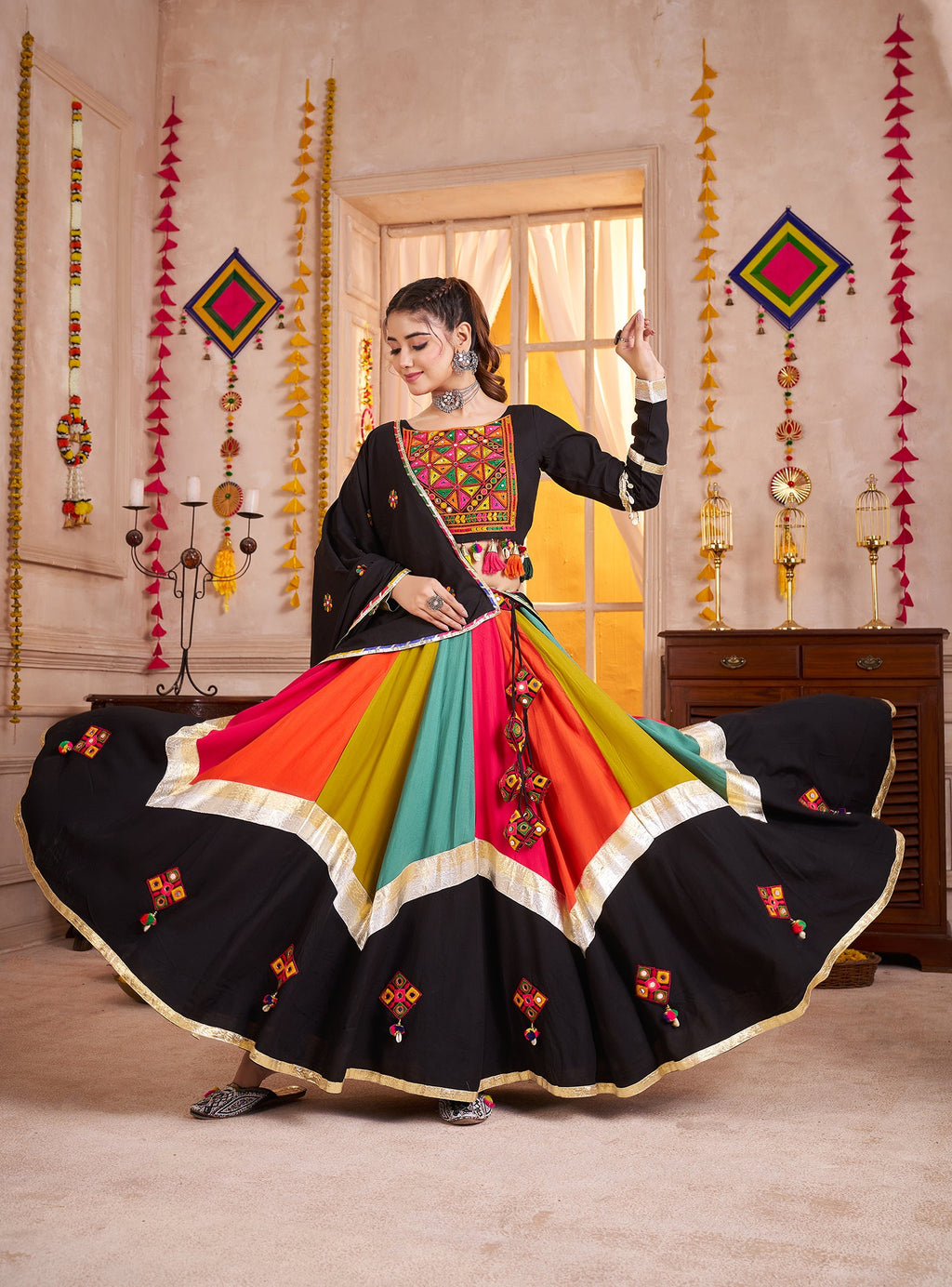 Black Viscose Cotton Lehenga Choli Set with Mirror & Thread Work