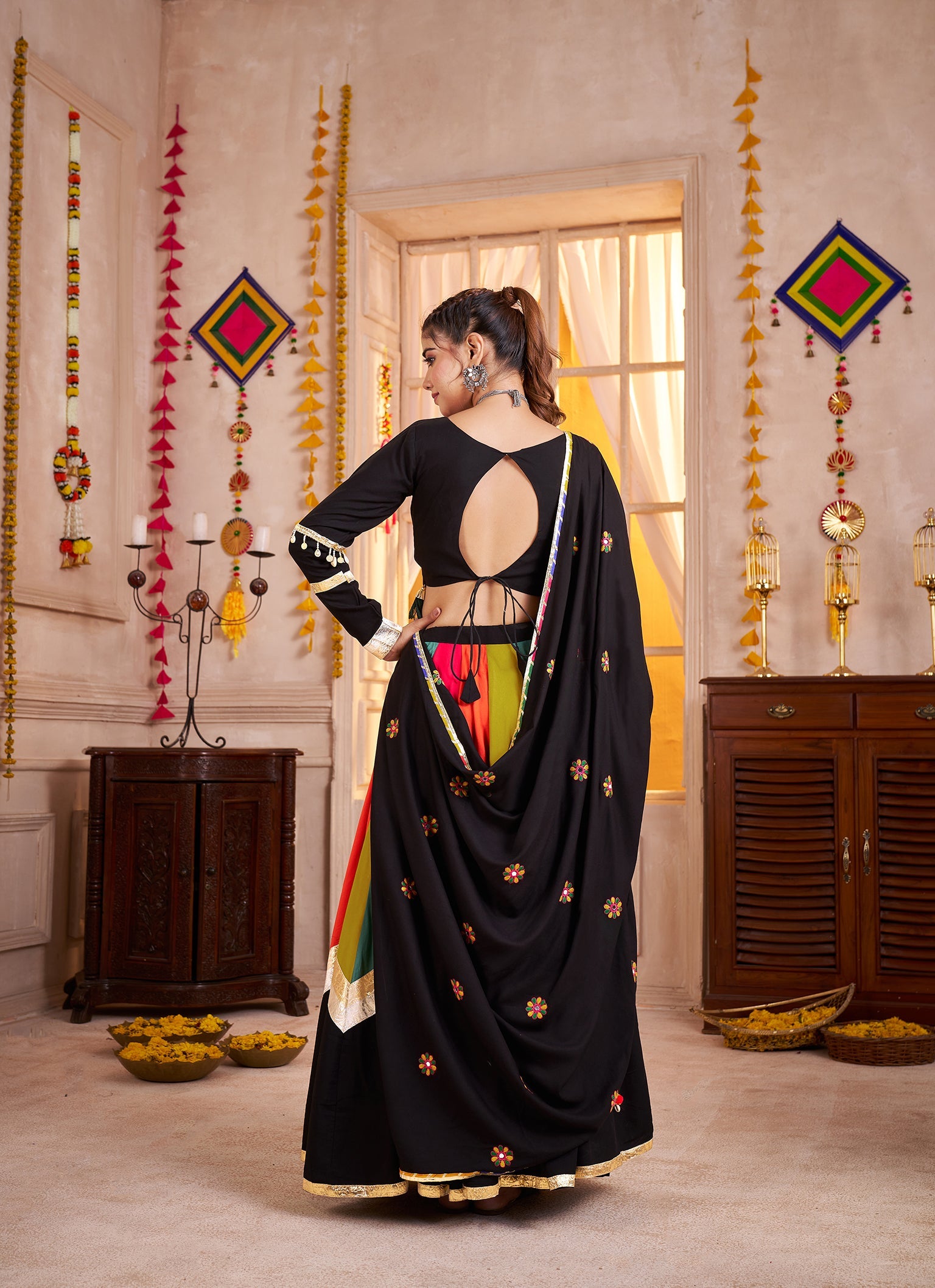 Black Viscose Cotton Lehenga Choli Set with Mirror & Thread Work