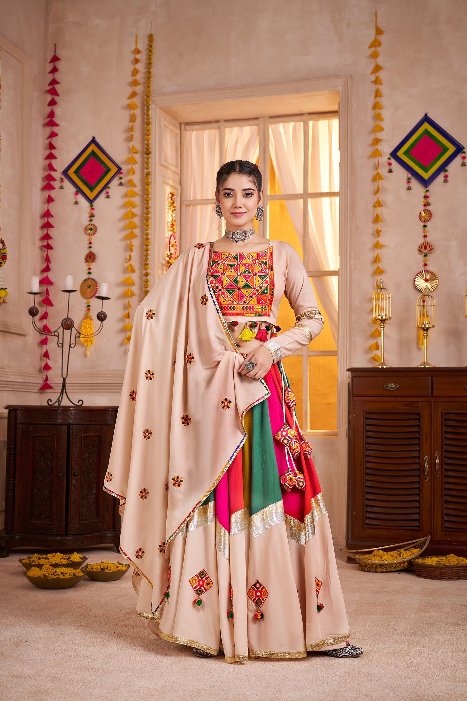 Monjolika Fashion Viscose Cotton Beige Multicolor Navratri Lehenga Choli With Mirror And Kutchi Embroidery Work