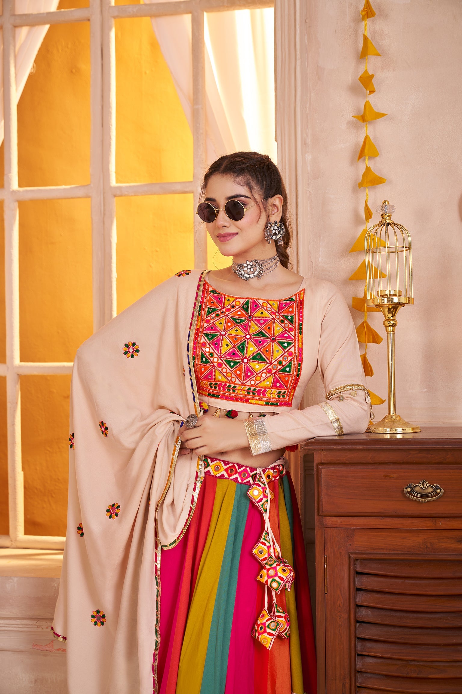 Monjolika Fashion Viscose Cotton Beige Multicolor Navratri Lehenga Choli With Mirror And Kutchi Embroidery Work