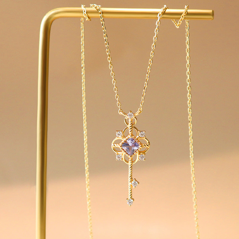 S925 Sterling Silver Roman Purple Key Pendant Necklace