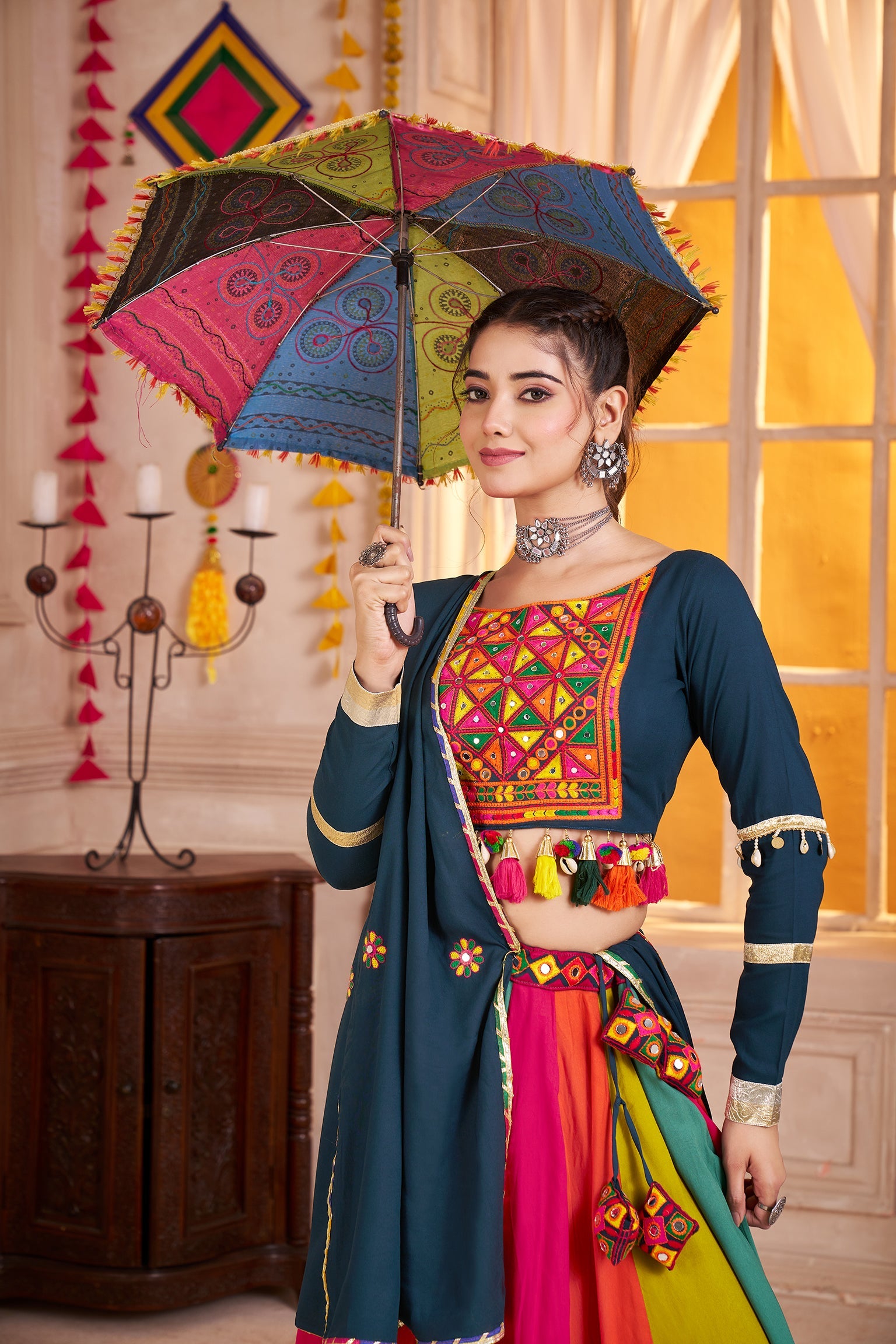 Teal Blue Navratri Lehenga Choli with Mirror and Kutchi Work