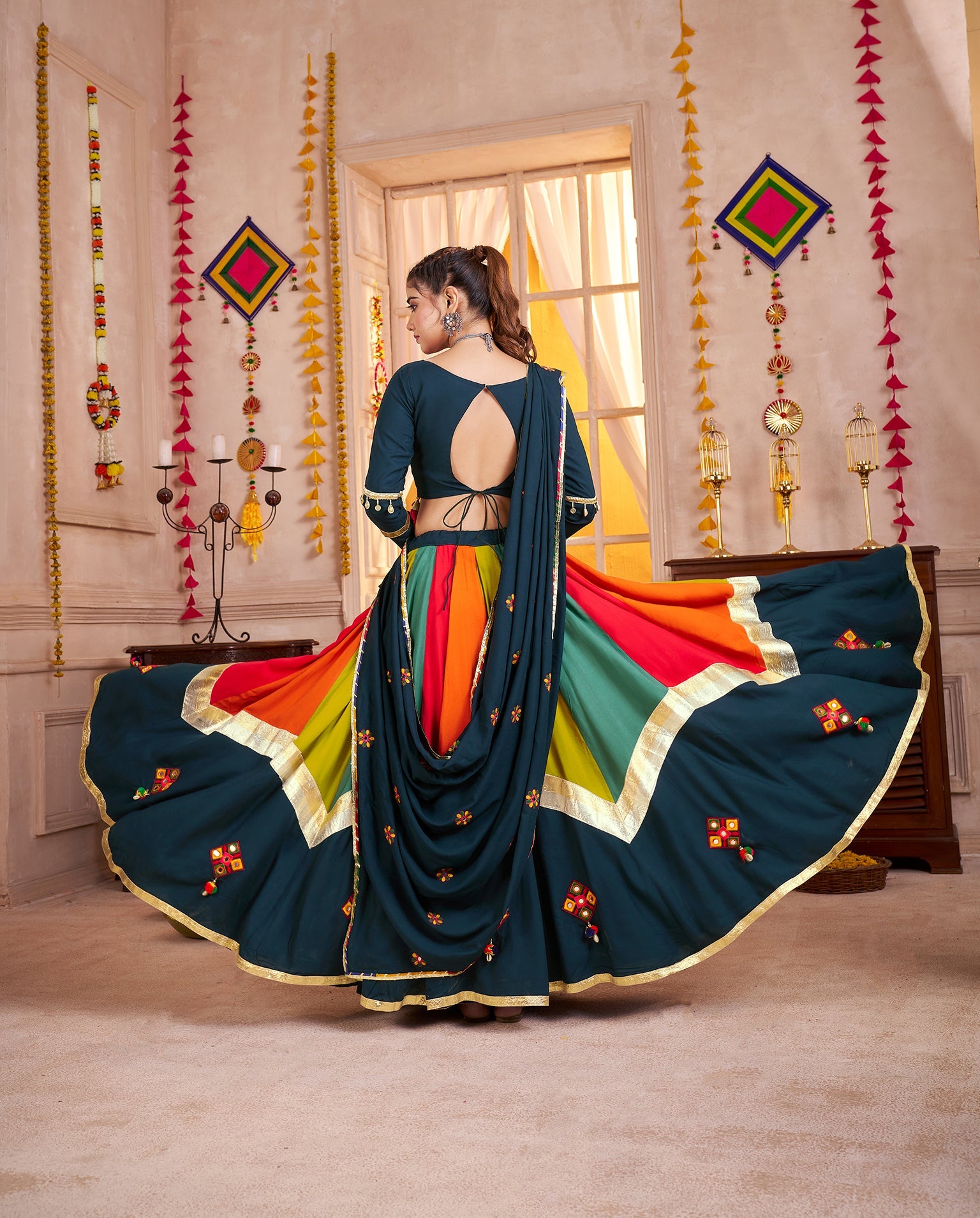 Teal Blue Navratri Lehenga Choli with Mirror and Kutchi Work