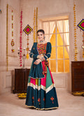Teal Blue Multi Color Navratri Lehenga Choli with Mirror & Kutchi