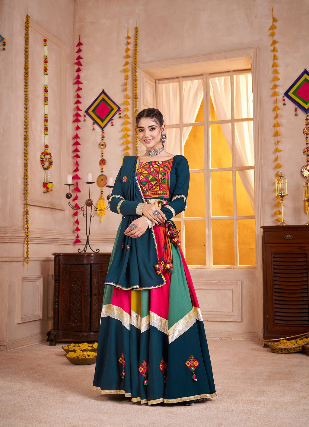 Teal Blue Navratri Lehenga Choli with Mirror and Kutchi Work