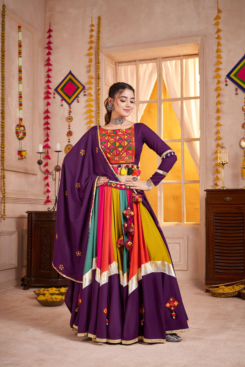 Monjolika Fashion Viscose Cotton Purple Multicolor Navratri Lehenga Choli With Mirror And Kutchi Embroidery Work