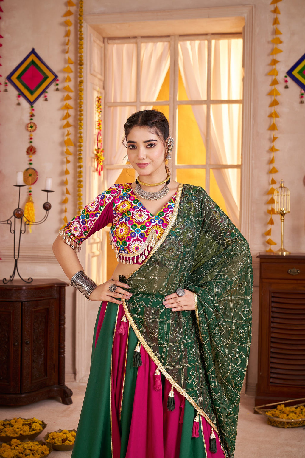 Colorful Viscose Cotton Navratri Lehenga with Kutchi Mirror Choli