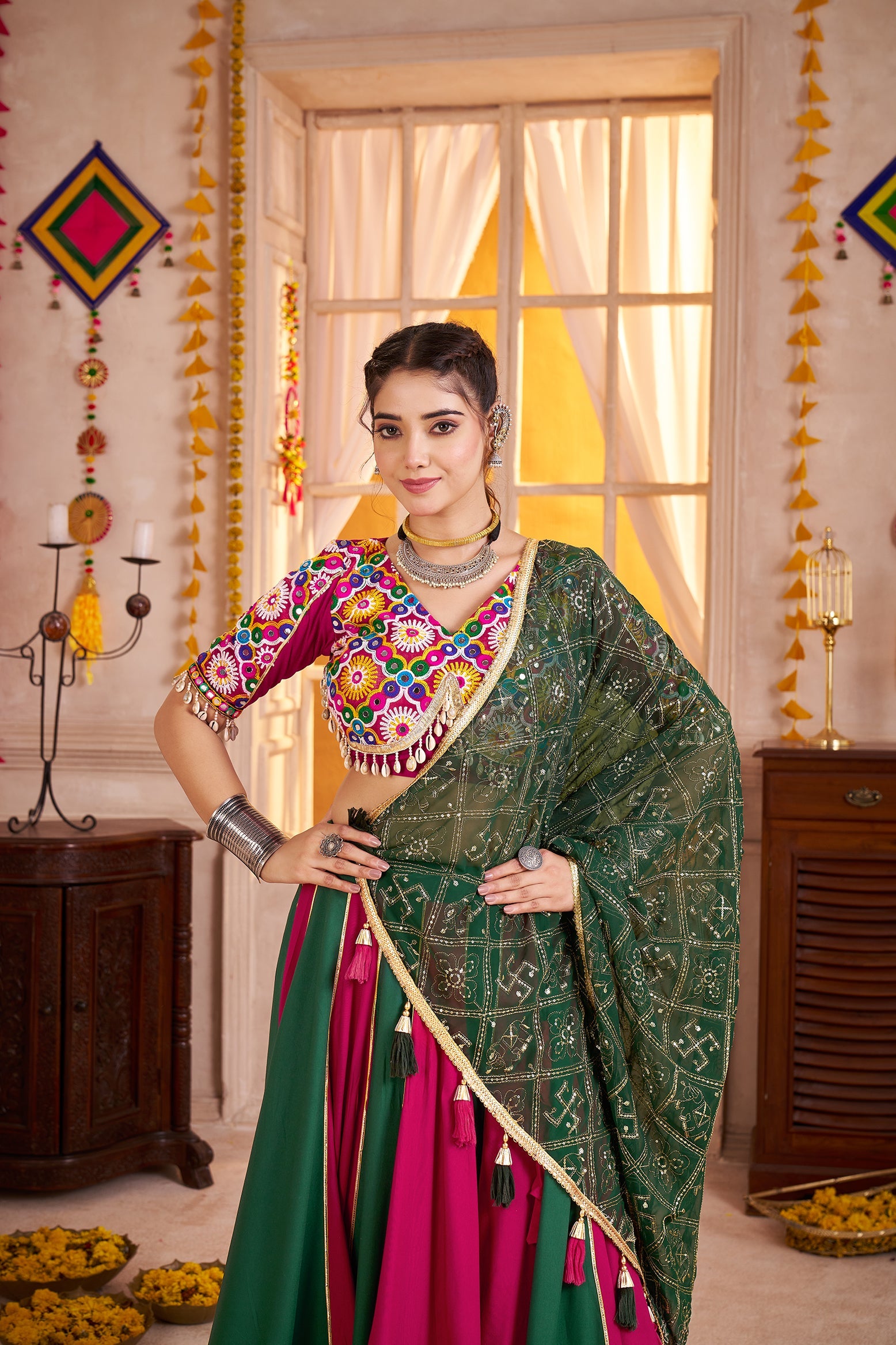 Colorful Viscose Cotton Navratri Lehenga with Kutchi Mirror Choli