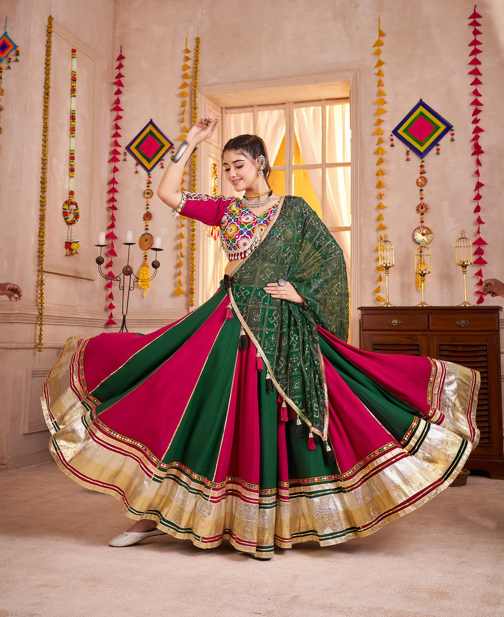 Colorful Viscose Cotton Navratri Lehenga with Kutchi Mirror Choli