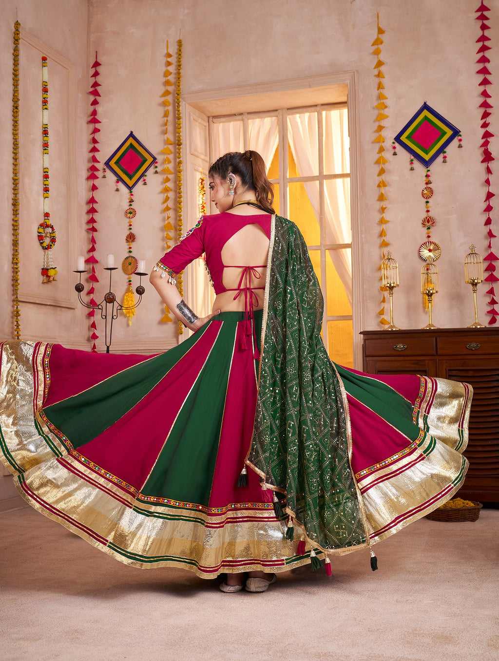 Colorful Viscose Cotton Navratri Lehenga with Kutchi Mirror Choli