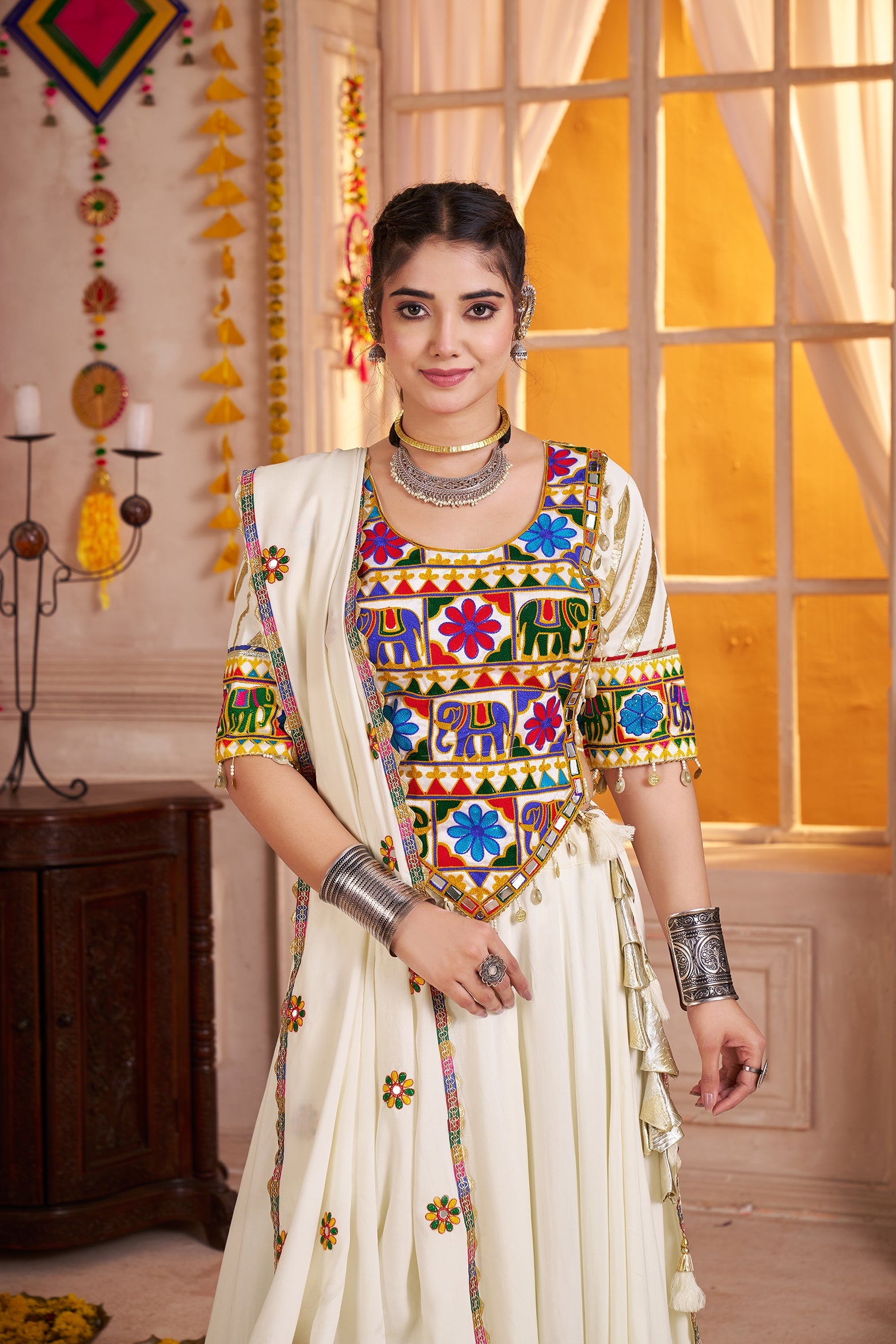 Multi-Color Viscose Cotton Navratri Lehenga Choli Set with Mirror