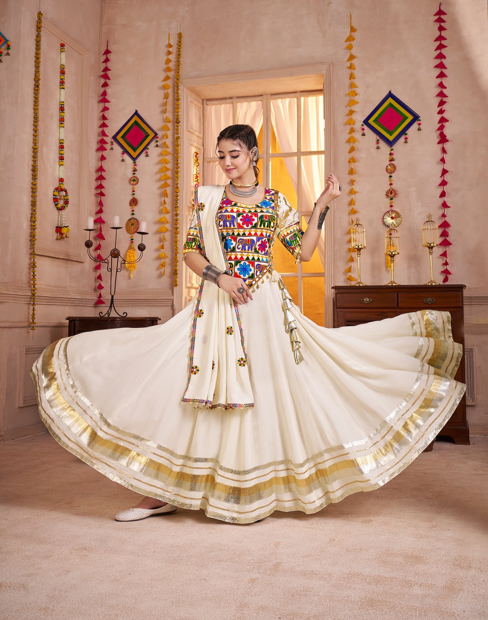 Multi-Color Viscose Cotton Navratri Lehenga Choli Set with Mirror