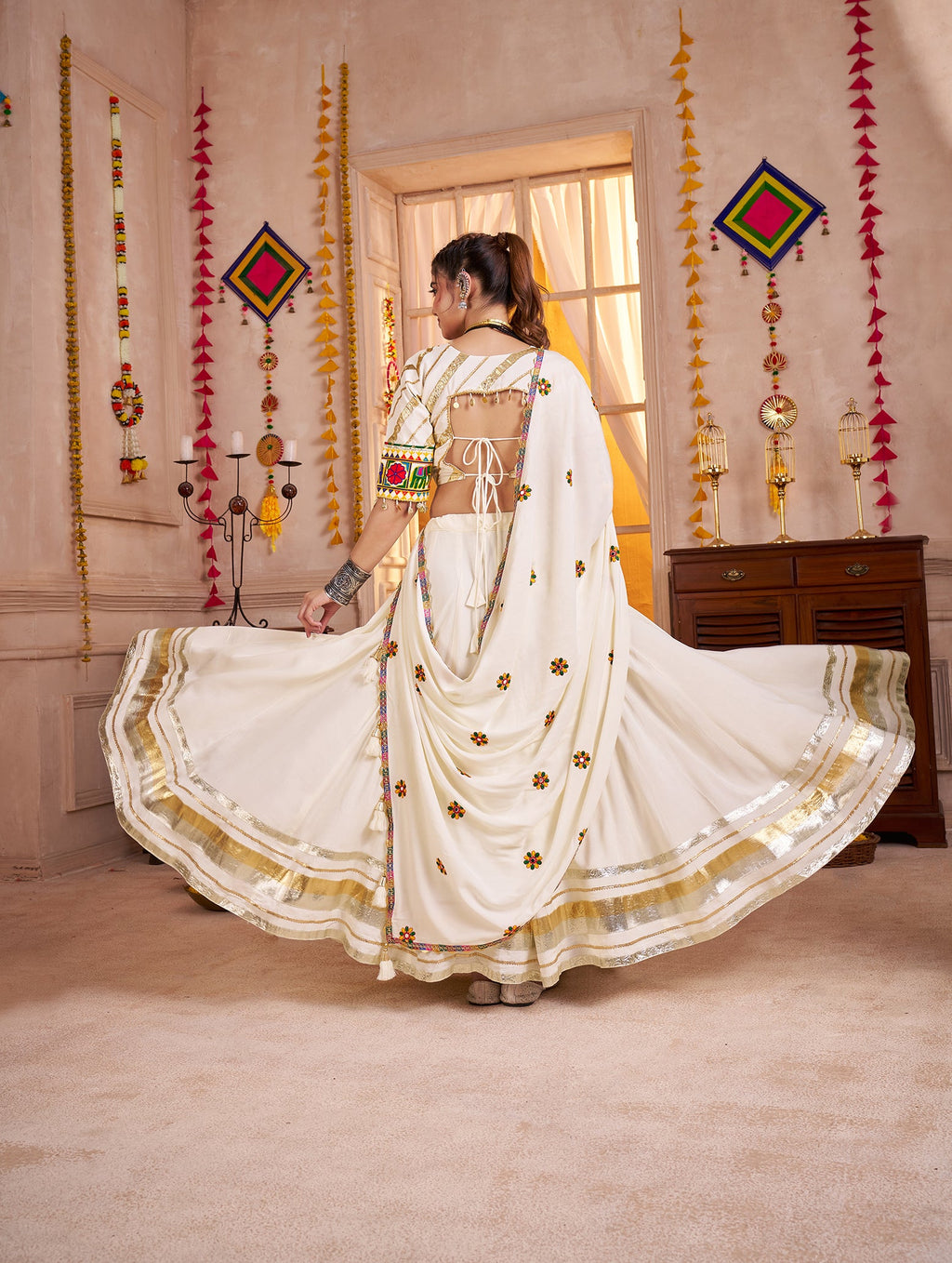 Multi-Color Viscose Cotton Navratri Lehenga Choli Set with Mirror