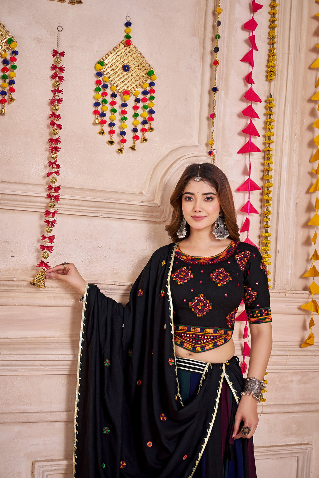 Multi-Color Viscose Cotton Navratri Lehenga Choli with Mirror Work