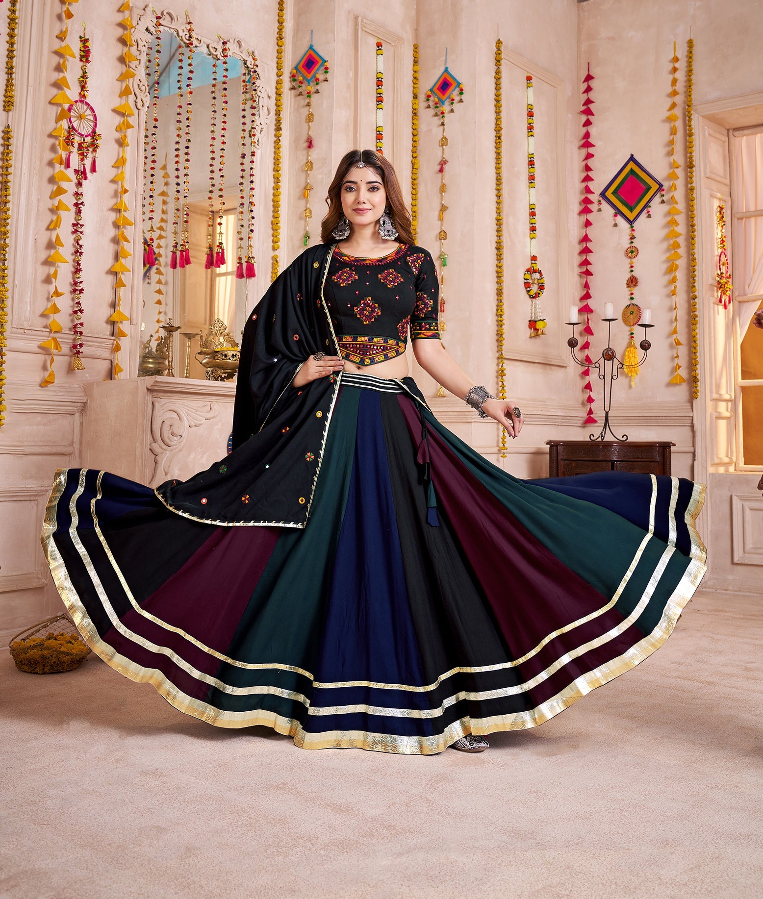 Multi-Color Viscose Cotton Navratri Lehenga Choli with Mirror Work