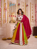 Multicolor Navratri Lehenga Choli set featuring a geometric print and an intricate mirror-work Kutchi jacket.