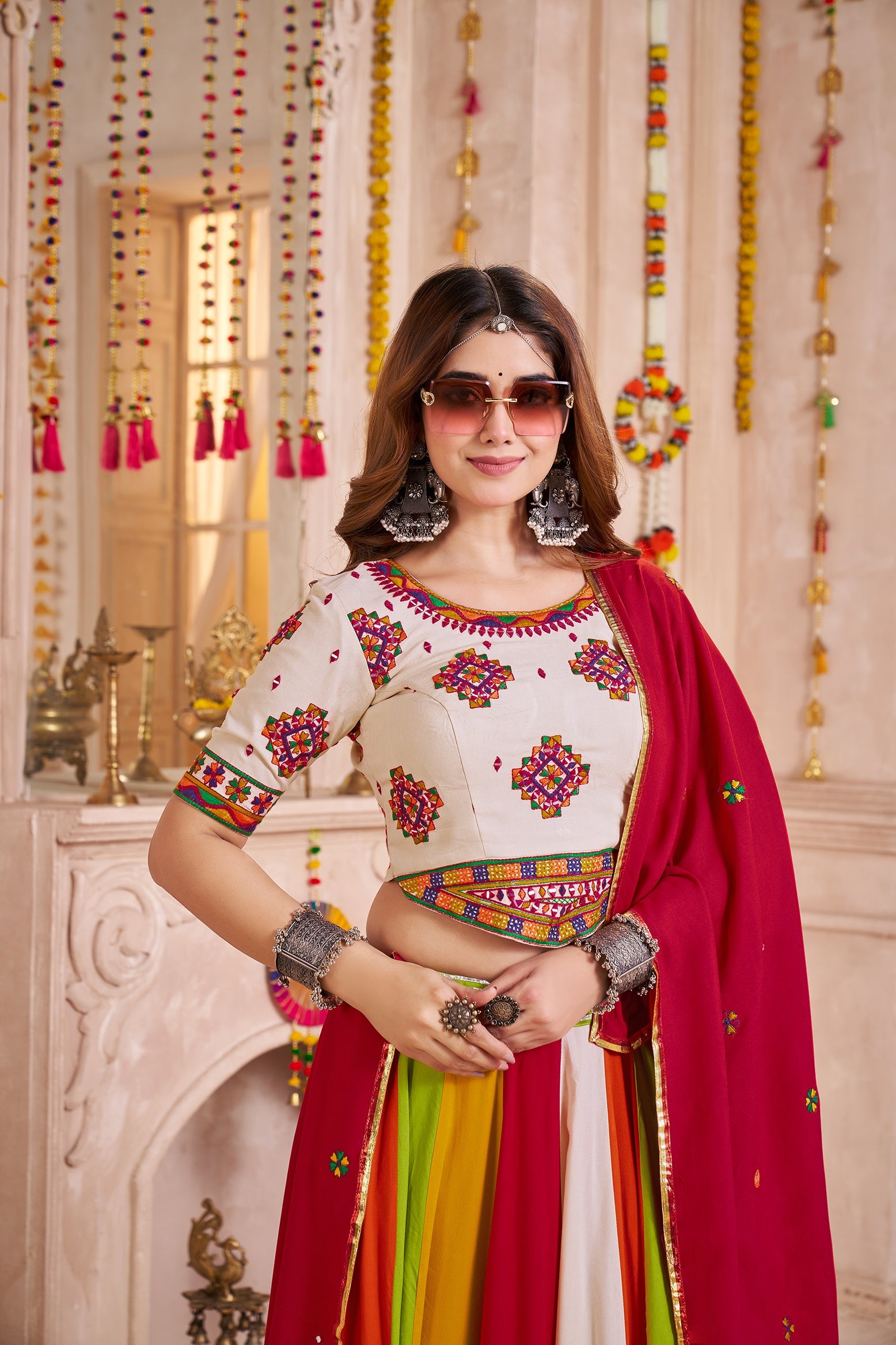 Geometric Navratri Lehenga Choli with Mirror Work Kutchi Jacket