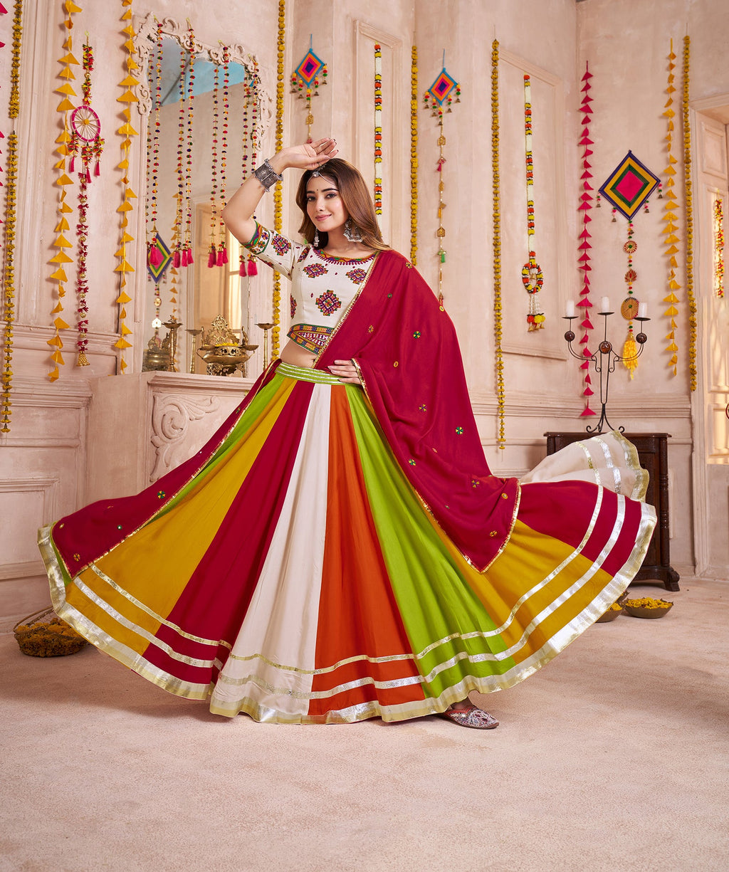 Geometric Navratri Lehenga Choli with Mirror Work Kutchi Jacket