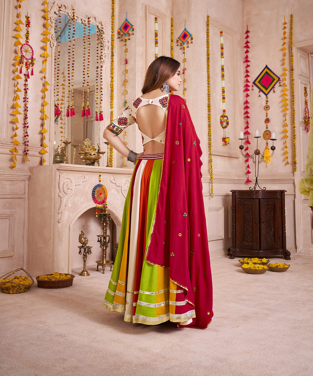 Geometric Navratri Lehenga Choli with Mirror Work Kutchi Jacket