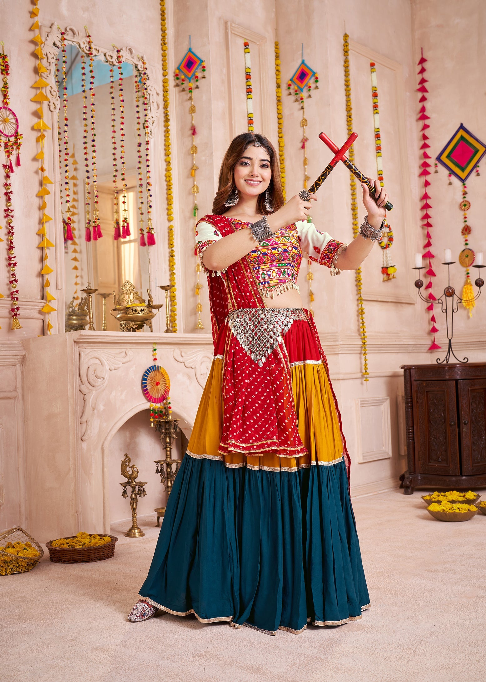 Monjolika Fashion Mirror And Kodi Work Colorful Navratri Chaniya Choli In Viscose Cotton