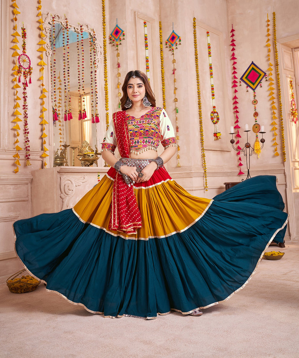Monjolika Fashion Mirror And Kodi Work Colorful Navratri Chaniya Choli In Viscose Cotton