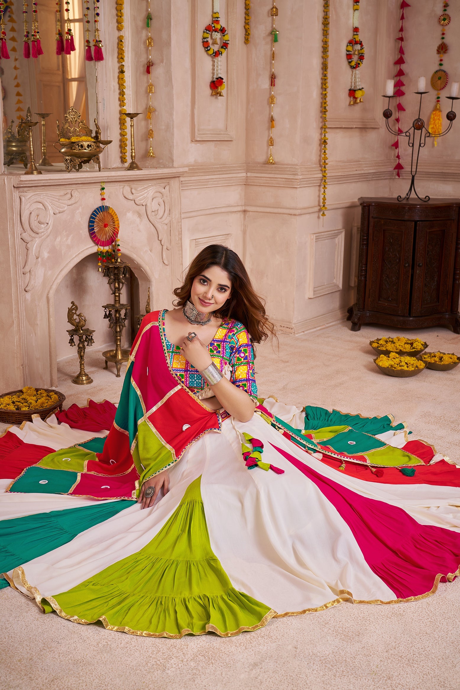 Monjolika Fashion Multi-Color Viscose Cotton Navratri Lehenga Choli Set With Mirror And Thread Work