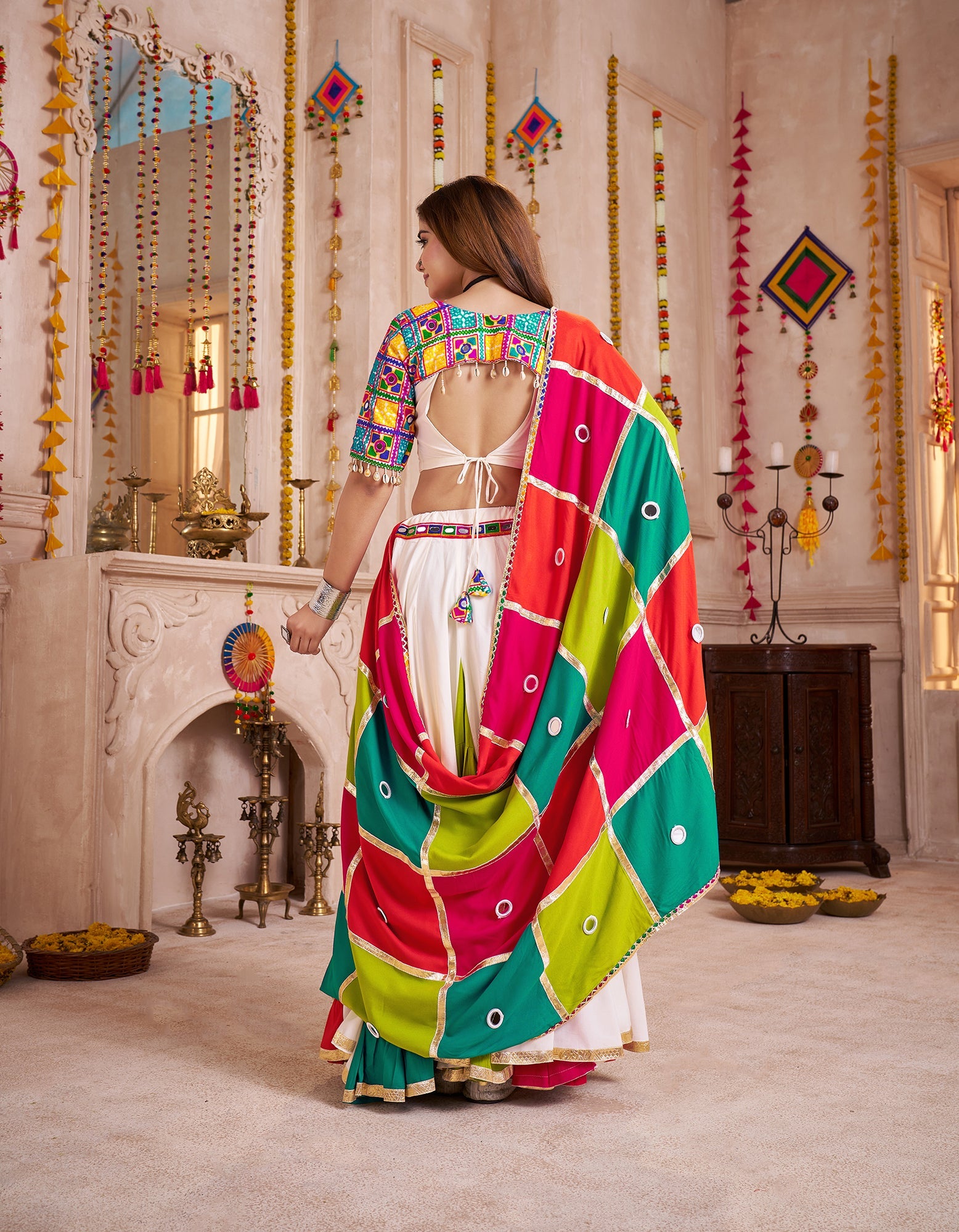 Monjolika Fashion Multi-Color Viscose Cotton Navratri Lehenga Choli Set With Mirror And Thread Work