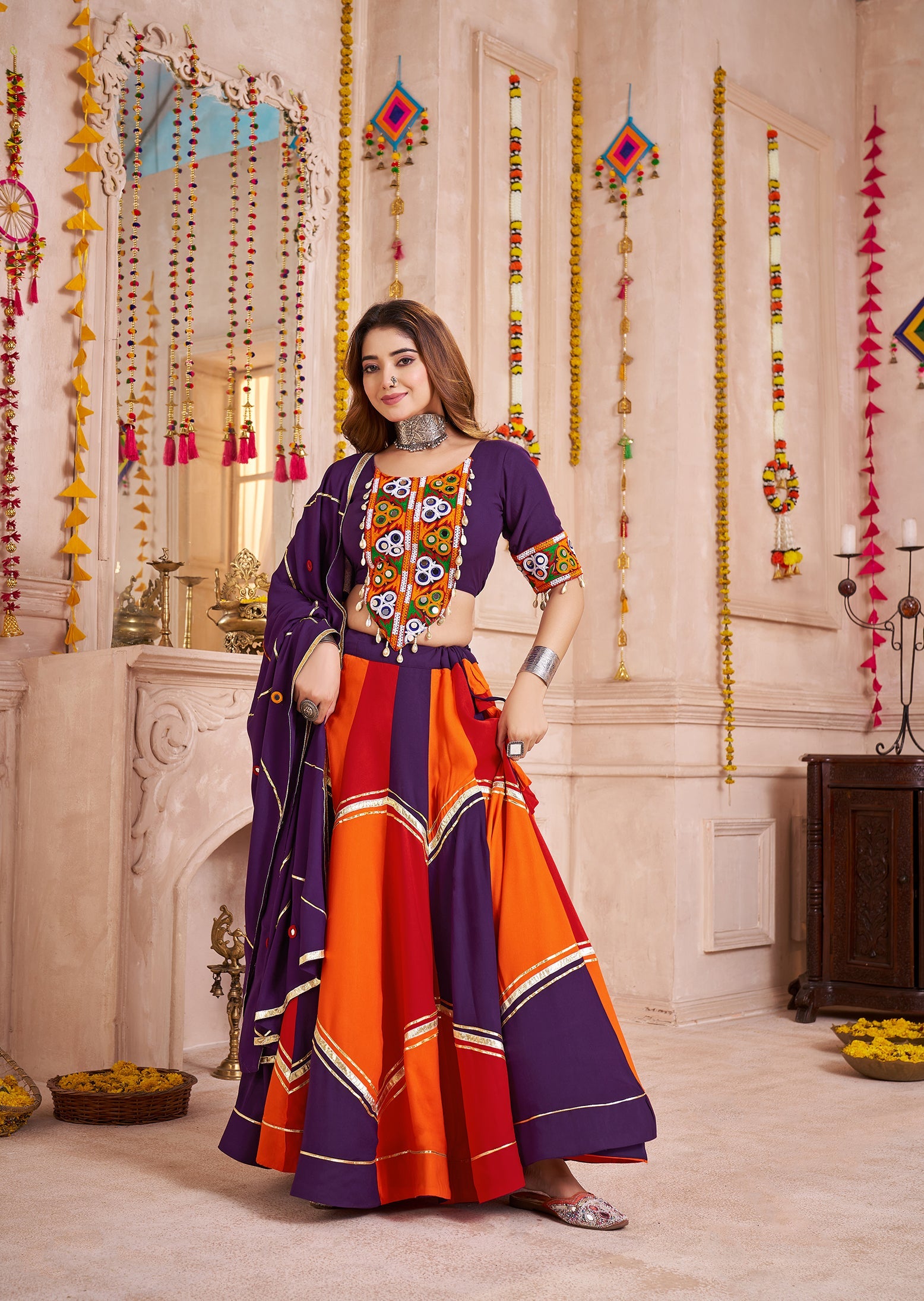 Colorful Navratri lehenga with mirror and kodi work in viscose cotton fabric