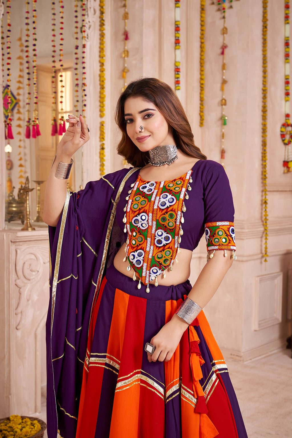 Colorful Navratri Lehenga in Viscose Cotton with Mirror & Kodi Work