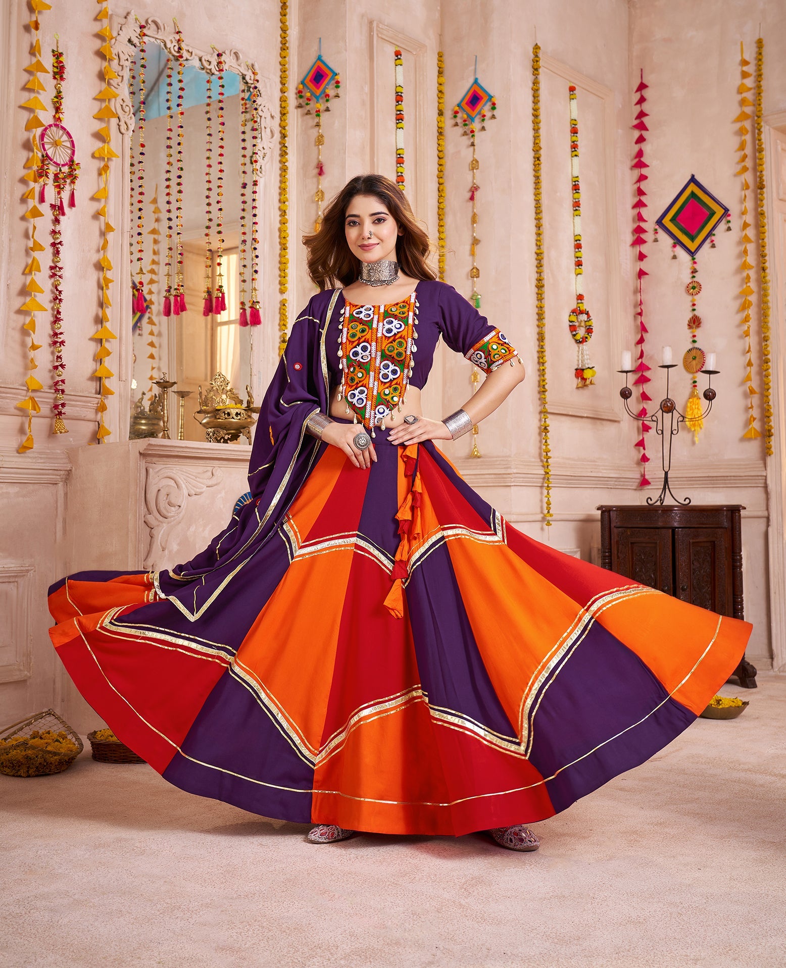 Colorful Navratri Lehenga in Viscose Cotton with Mirror & Kodi Work