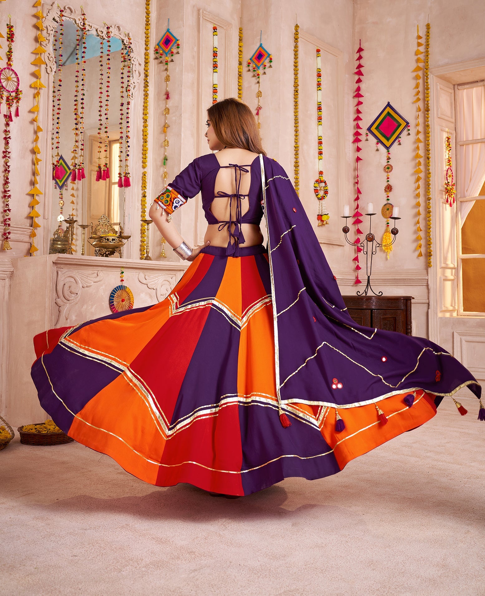 Colorful Navratri Lehenga in Viscose Cotton with Mirror & Kodi Work