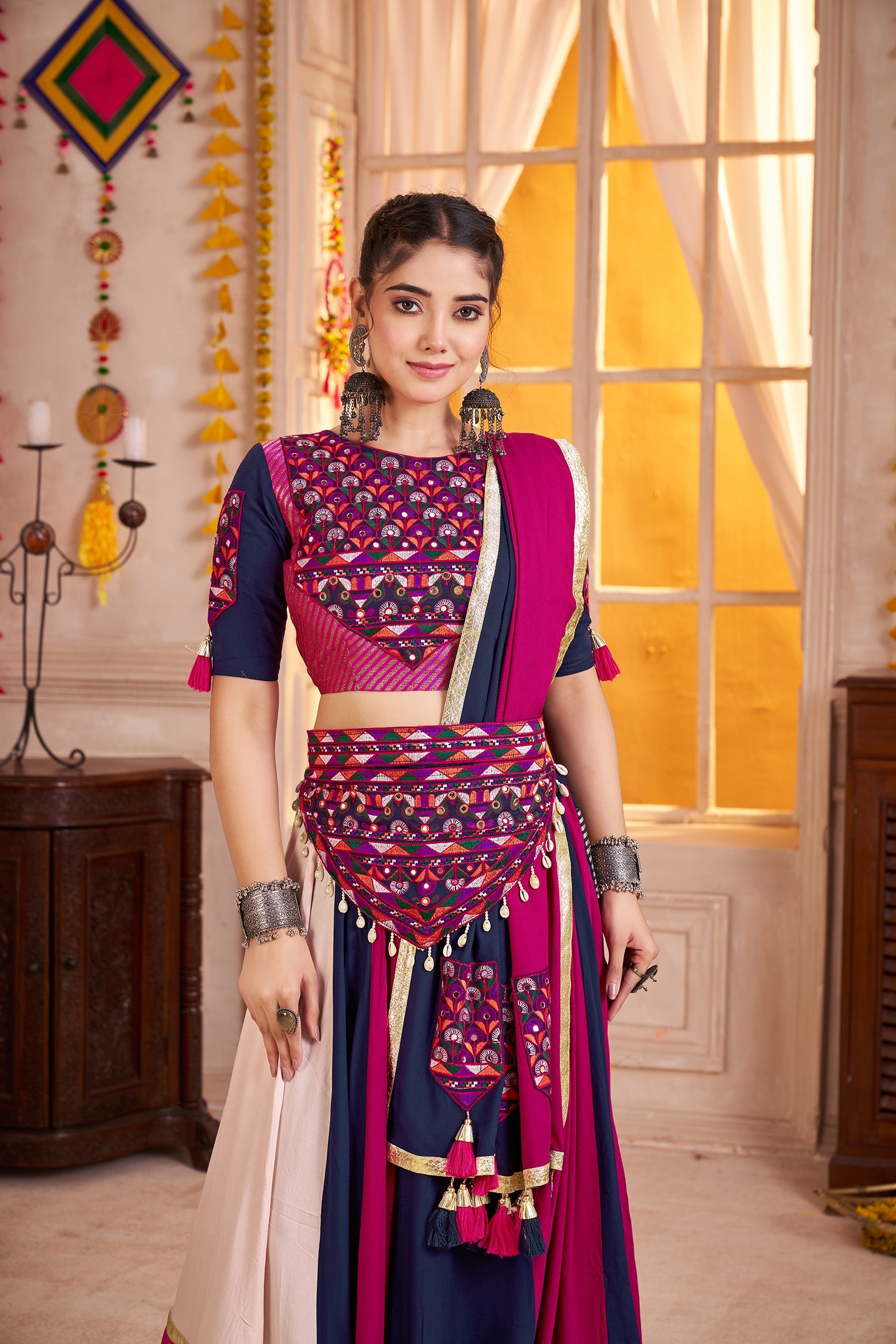 Monjolika Fashion Viscose Cotton Multi-Color Embroidery Navratri Lehenga Choli