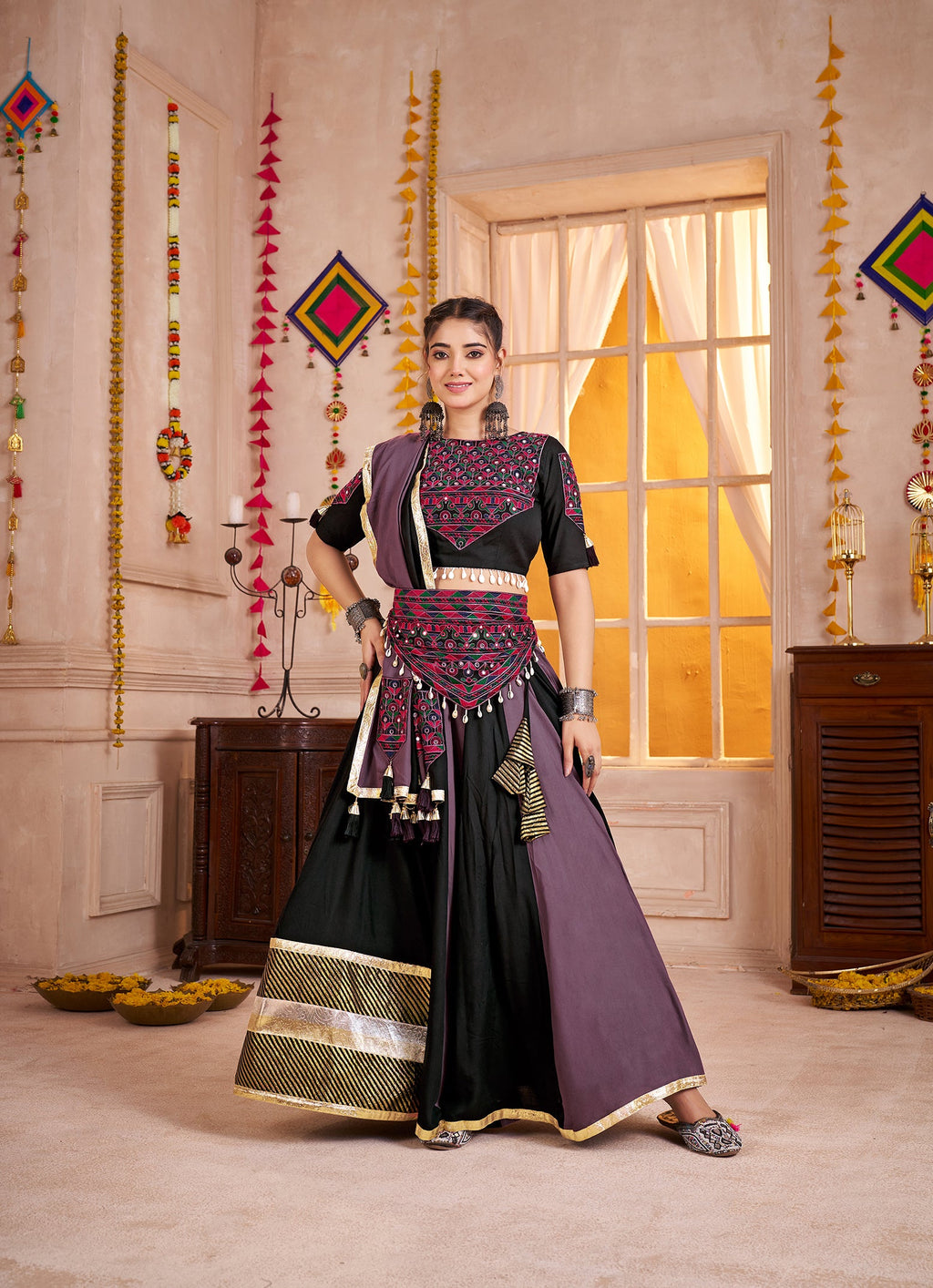 Monjolika Fashion Multicolor Viscose Cotton Chaniya Choli with mirror work and Kutchi patches for Navratri