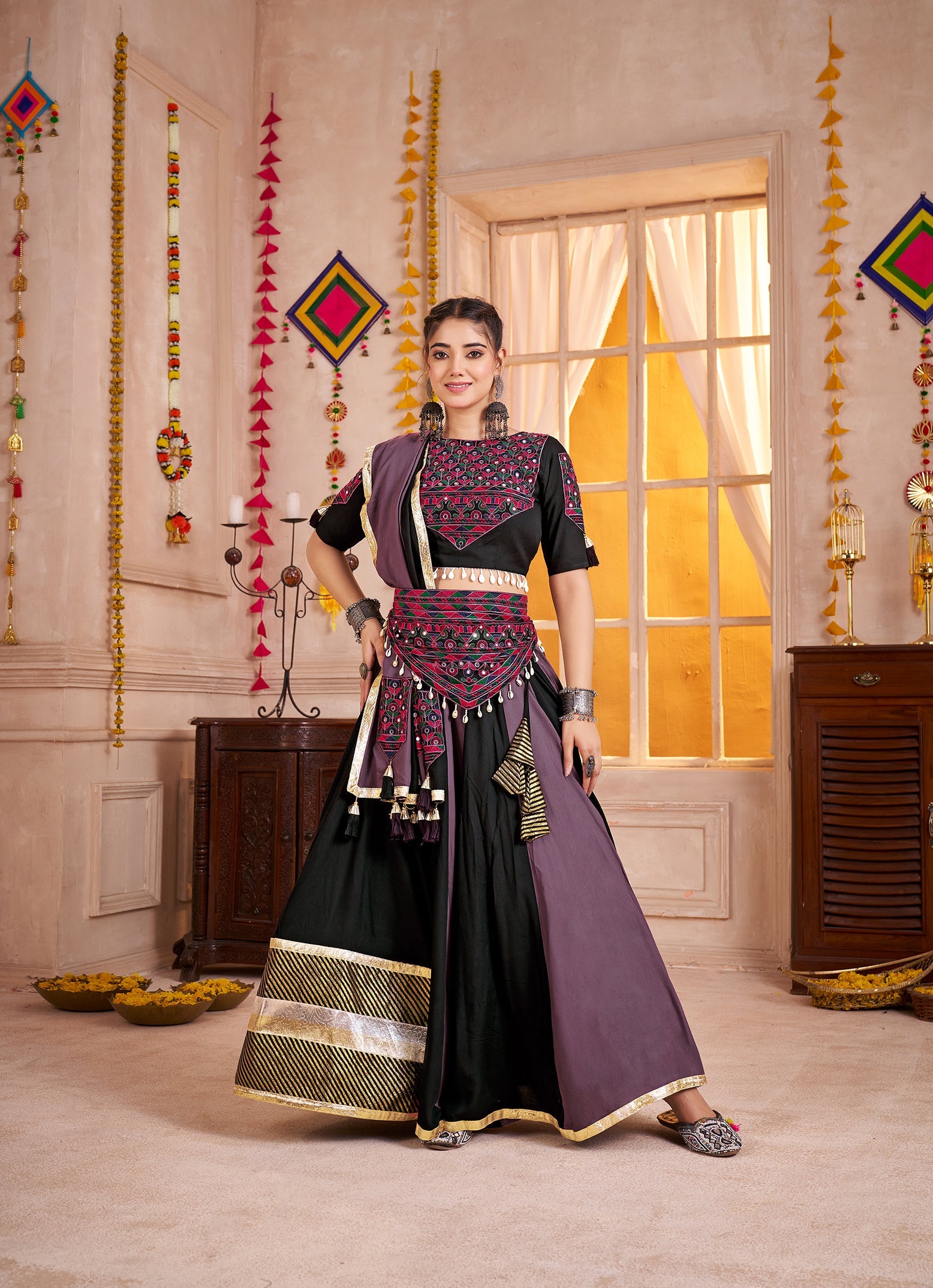 Monjolika Fashion Multicolor Viscose Cotton Chaniya Choli with mirror work and Kutchi patches for Navratri