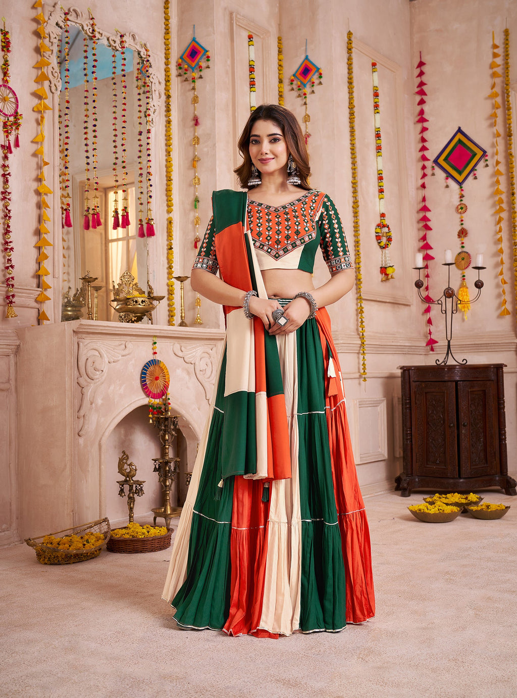 Monjolika Fashion Colorful Viscose Cotton Navratri Chaniya Choli With Kutchi Patch & Mirror Work