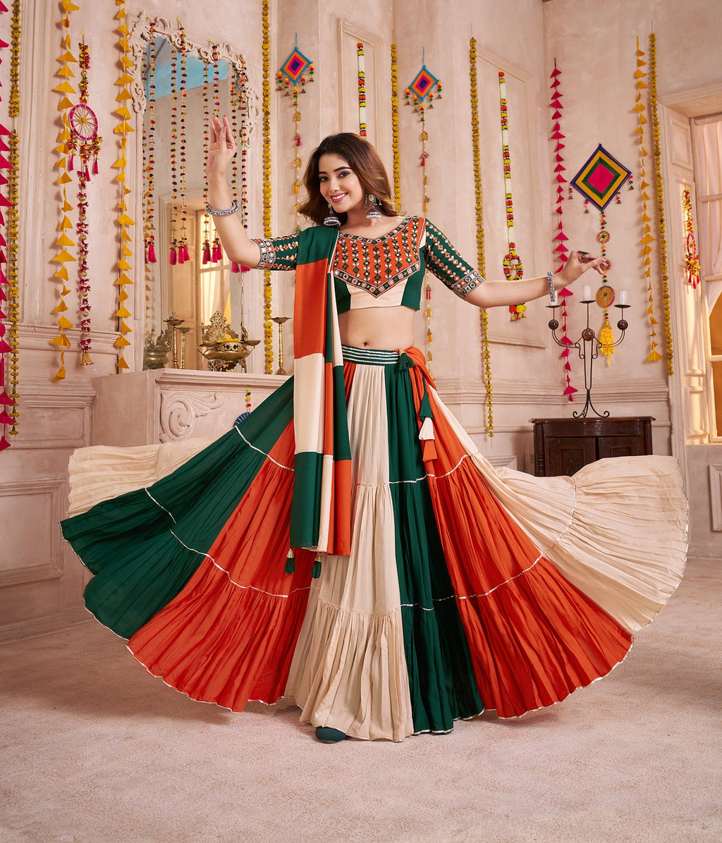 Monjolika Fashion Colorful Viscose Cotton Navratri Chaniya Choli With Kutchi Patch & Mirror Work