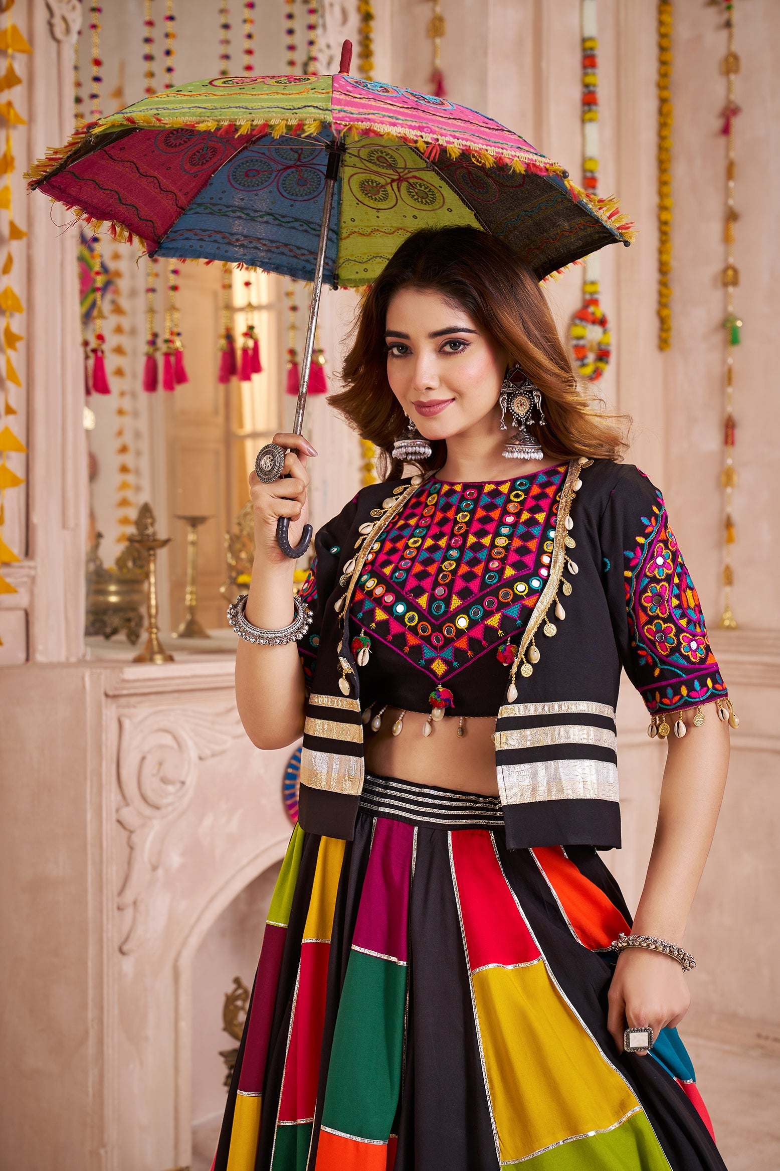 Monjolika Fashion Multicolor Viscose Cotton Navratri Chaniya Choli With Kutchi And Patch Work Jacket