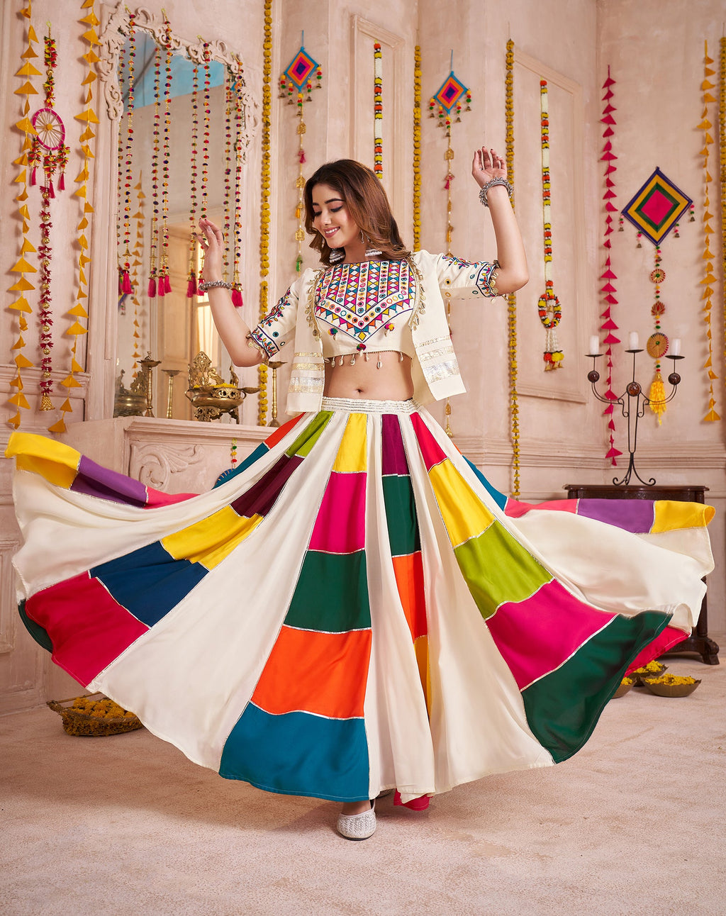 Multicolor Viscose Cotton Navratri Chaniya Choli with Mirror Jacket