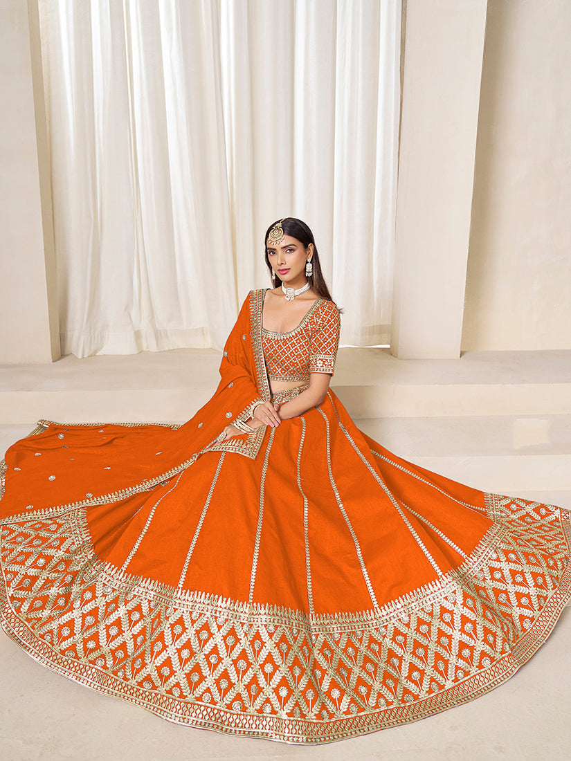 Monjolika Fashion Orange Art Silk Wedding Wear Lehenga Choli Set