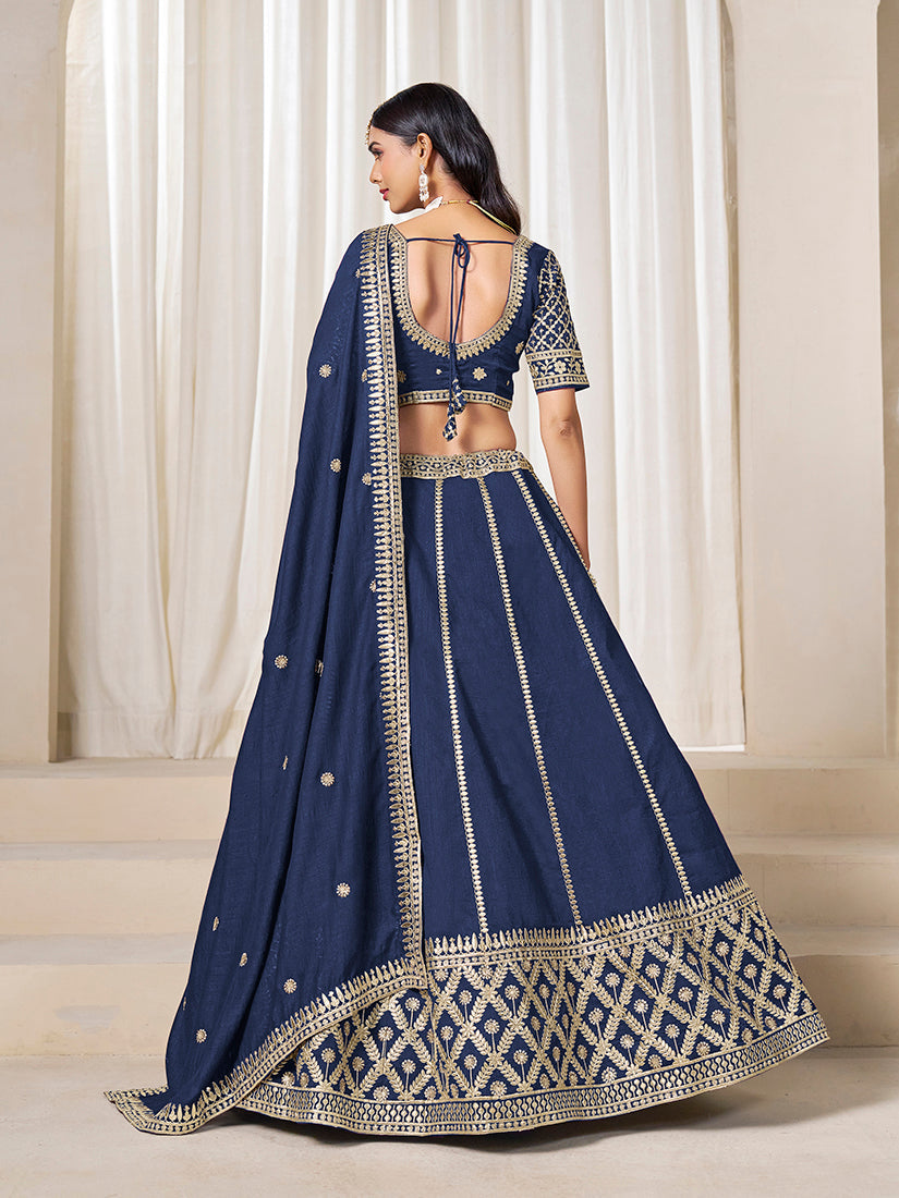Monjolika Fashion Navy Blue Art Silk Wedding Wear Lehenga Choli Set